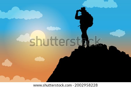 Vector graphic illustration of people taking pictures on top of a mountain, with silhouette concept. Perfect for posters, banners, backgrounds, Mountaineering Day, mountain day.