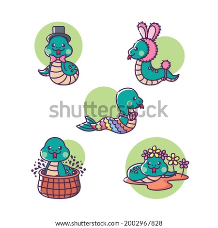 Set of snake cute snake cartoon character. Vibrant colorful children animal designs in vector illustrations.