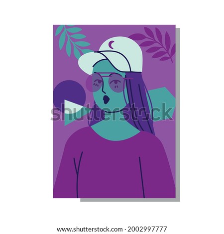 flat trendy fashion portraits with young girl wearing a cap