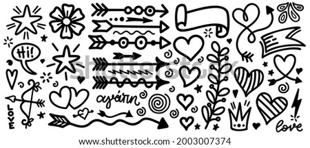 Hand drawn arrow and heart doodle style. Decorative element for wedding, birthday etc. Greek word agapi means love. Vector print illustration