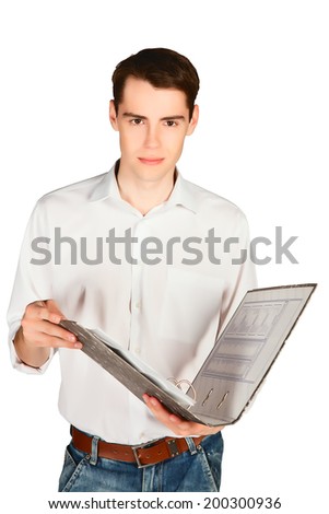 young man with an open folder for papers isolated on white background