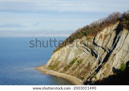 Scenic view to beautiful green hills with blue Adriatic sea against blue sky in spring from Slovenian coast. Nature Reserve Park Strunjan, Slovenia. 