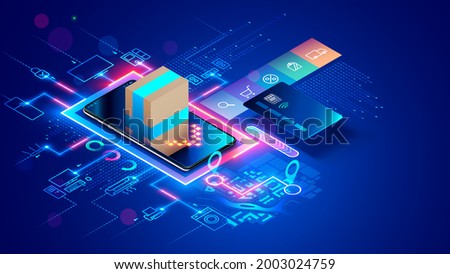 Shopping online. Internet shop in web on mobile phone. Online store service on smartphone browser with Icons of product. Payment, delivery of order from Internet marketplace. Concept e-commerce. Royalty-Free Stock Photo #2003024759