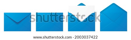 Vector set of realistic blue envelopes in different positions. Opened and closed envelope mockup isolated on a white background. Royalty-Free Stock Photo #2003037422