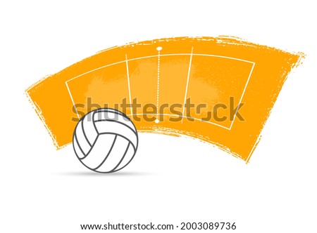 Volleyball sport ball and court vector design of team game. Volleyball arena play field and white leather ball on grunge background of hardwood floor with attack lines, back and front rows