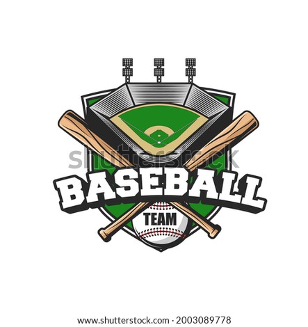 Baseball sport team icon. Vector ball, crossed bats and stadium. Baseball player equipment and arena field isolated icon for sport club or tournament design