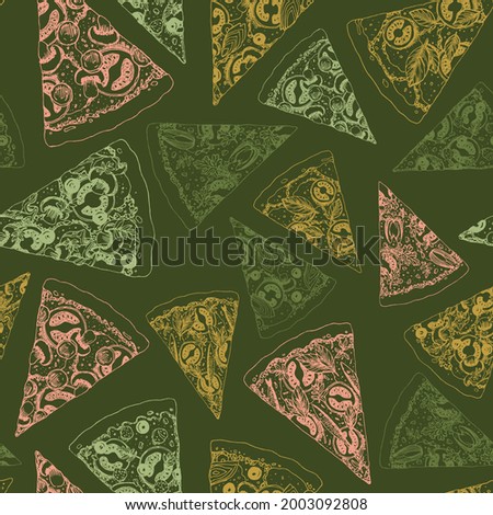 Pizza slices background. Linear graphic. Snack collection. Engraved seamless pattern. Vector illustration.