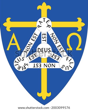 Vector Illustration Of Coat Of Arms Of Anglican Diocese Of Trinidad. Colorful Graphics Of Trinidad Flag With Christian Symbols Of Cross, Alpha And Omega, And Shield Of Trinity