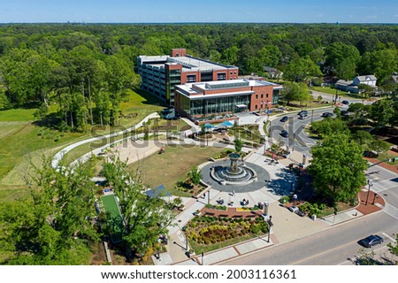 Aerial drone photo of downtown park and library in Cary NC  Royalty-Free Stock Photo #2003116361