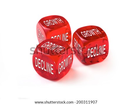 Growth or Decline concept with three red dice on a white background.