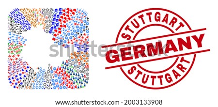Vector collage Thuringia Land map of different icons and Stuttgart Germany badge. Collage Thuringia Land map created as hole from rounded square shape. Red round badge with Stuttgart Germany caption.
