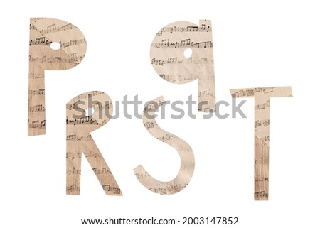 Latin alphabet Doodle- style with vintage music background. Clip art set on white background. Part 4