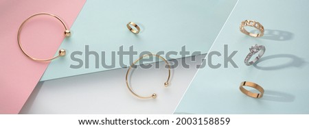 Panoramic photo collage of modern golden accessories on pastel colors geometric background