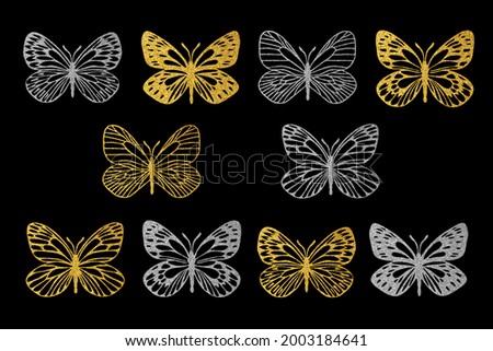 Butterflies outlines silhouette glitter textured. Clip art set isolated on black