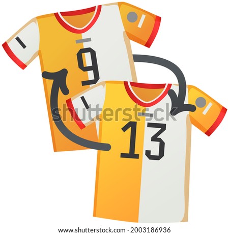 Sport uniform Jersey, soccer shirt flat vector clothing element isolated on white background. Clothing for team play of athletes, goalkeeper, striker with player number and emblems, t shirt icon