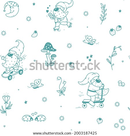 Cute Garden Gnomes Scandinavian Seamless pattern. Fairytale Background for kids. Outline drawing