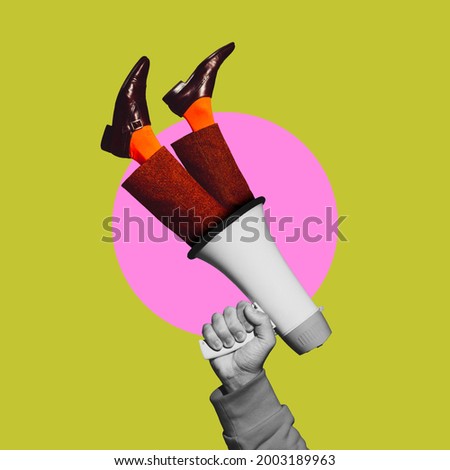 Human hand holding megaphone with legs. Contemporary art collage, modern artwork. Concept of idea, inspiration, creativity and beauty. Bright green, pink colors. Copyspace for your ad or text. Surreal Royalty-Free Stock Photo #2003189963