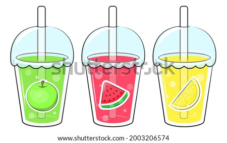 Apple, watermelon, lemon juices. Cartoon vector illustration on white background.