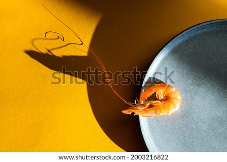 Balancing flying Red shrimp on a gray plate and yellow background. Trendy colors. Minimalistic concept sea food. Deep shadows. Vegetarian Omega