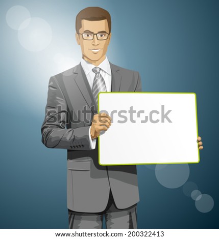 Idea concept. Vector Business man holding empty write board in his hands