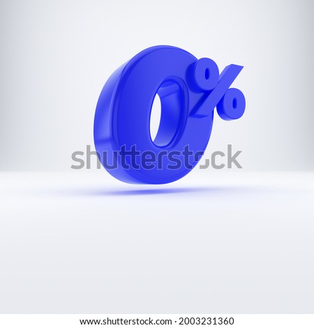 Blue zero percent or 0 % isolated over white background. 3D rendering.