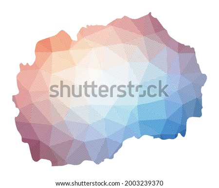 Map of Macedonia. Low poly illustration of the country. Geometric design with stripes. Technology, internet, network concept. Vector illustration.