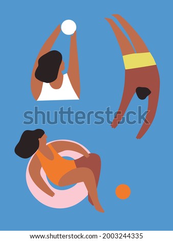 People swim, sunbathe, engage in water sports. Pool party concept abstract vector illustration. People enjoy summer vacation at poolside. Happy woman swim in swimming pool in holiday resort.