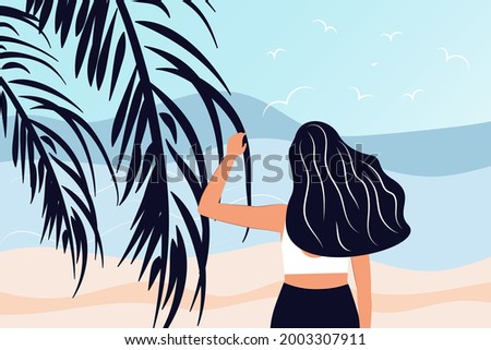 Vector illustration in a flat style. A slender girl in a bikini on the beach, palm branch, close-up. Water extreme sports, travel, summer vacation concept, tourism, summer vacation, healthy lifestyle.