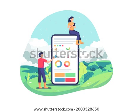 Innovative technology for agriculture. Agricultural automation with remote control, Application on smartphone. Plantation smart analysis, sophisticated farming concept. Vector illustration flat style