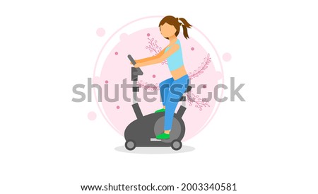 Abstract Flat Woman On Exercise Bike Cartoon People Character Concept Illustration Vector Design Style With Leaves Physical Exercises Spiritual Sport Practice