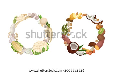 Fruit and Vegetable Wreath with Fresh and Ripe Garden Crops Vector Set