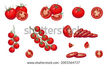 Tomato. Cherry Tomatoes and Tomato Slices, flat tomato Royalty-Free Stock Photo #2003364737