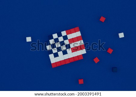 American flag made of magnetic cubes in pixel art style. American independence day concept. Top view, copy space.