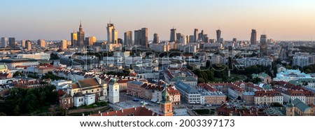 Panorama of Old Town and downtown of Warsaw from drone perspective during sunset Royalty-Free Stock Photo #2003397173