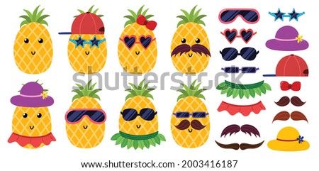 Cute pineapples set in sunglasses. Pineapple dress up activity for kids with summer accessories. Vector illustration