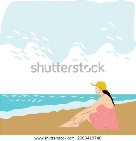 a flat illustration woman enjoy her holiday in the beach for holiday card, website, travel, ticket, and many more