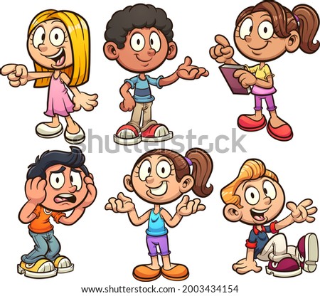 Cartoon kids with different poses and expressions. Vector clip art illustration with simple gradients. Each on a separate layer
