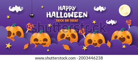 Happy Halloween trick or treat banner paper cut style background Vector illustration, fun party celebration invitation with night clouds and pumpkins, sale promotion web and Place for text