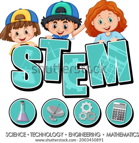 STEM education logo banner with kids cartoon character illustration