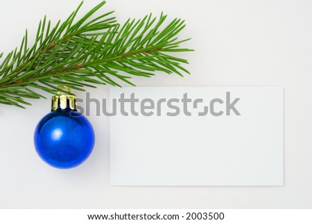 Christmas postcard with blue ball. White background. 11