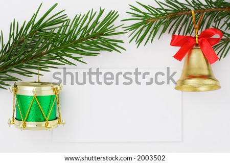 Christmas postcard with drum and bell. White background. 6