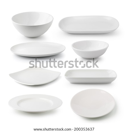 white ceramics plate and bowl isolated on white background Royalty-Free Stock Photo #200353637
