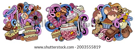 Desserts cartoon vector doodle designs set. Colorful detailed compositions with lot of sweet food objects and symbols. Isolated on white illustrations