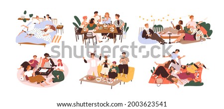 Set of happy people gathering together at holiday party. Friends having fun at leisure. Outdoors and indoors meetings and entertainments. Flat graphic vector illustrations isolated on white background Royalty-Free Stock Photo #2003623541