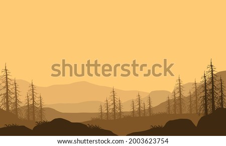 Magnificent mountain views with pine tree silhouettes from the edge of town in the evening. Vector illustration of a city