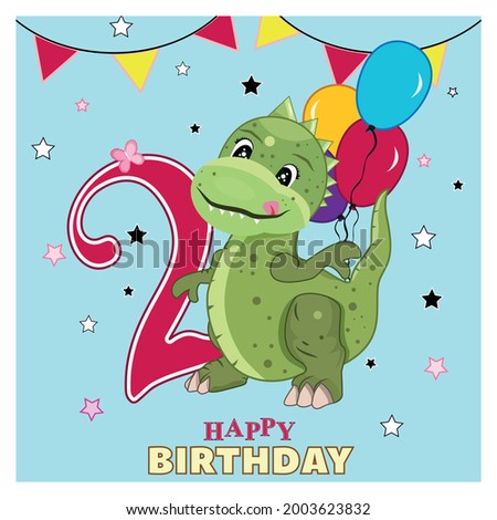 Birthday card.Dinosaur with balloons on a blue background. Stock Vector Illustration.Festive card with tinsel, candies, butterflies and stars.Poster design. 2 years old.
