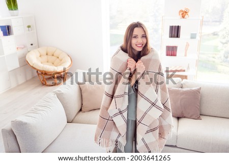 Photo of young attractive lovely girl happy positive smile cover herself plaid comfort warm standing home