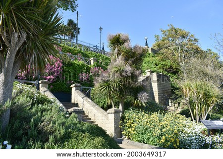 Felixstowe seaside town terrace gardens, with palm trees, flowers and shrubs and steps, above the sea on a sunny summers day Royalty-Free Stock Photo #2003649317