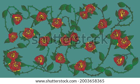 Flowers red roses and green leaves.Tatoo style.Vector illustration.