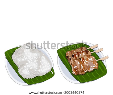 moo ping, Thai sweet pork grilled and sticky rice on plate. Isolated set of pork grilled and steamed sticky rice on white background. Thai cusine vector illustration. Close up food and beverage.  